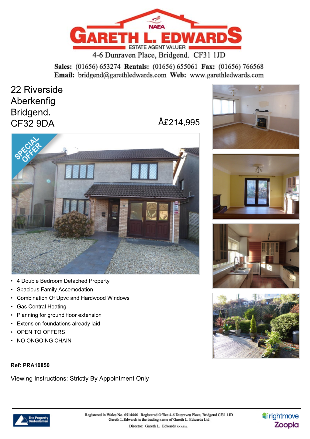 22 Riverside Aberkenfig Bridgend. CF32 9DA Â£214,995