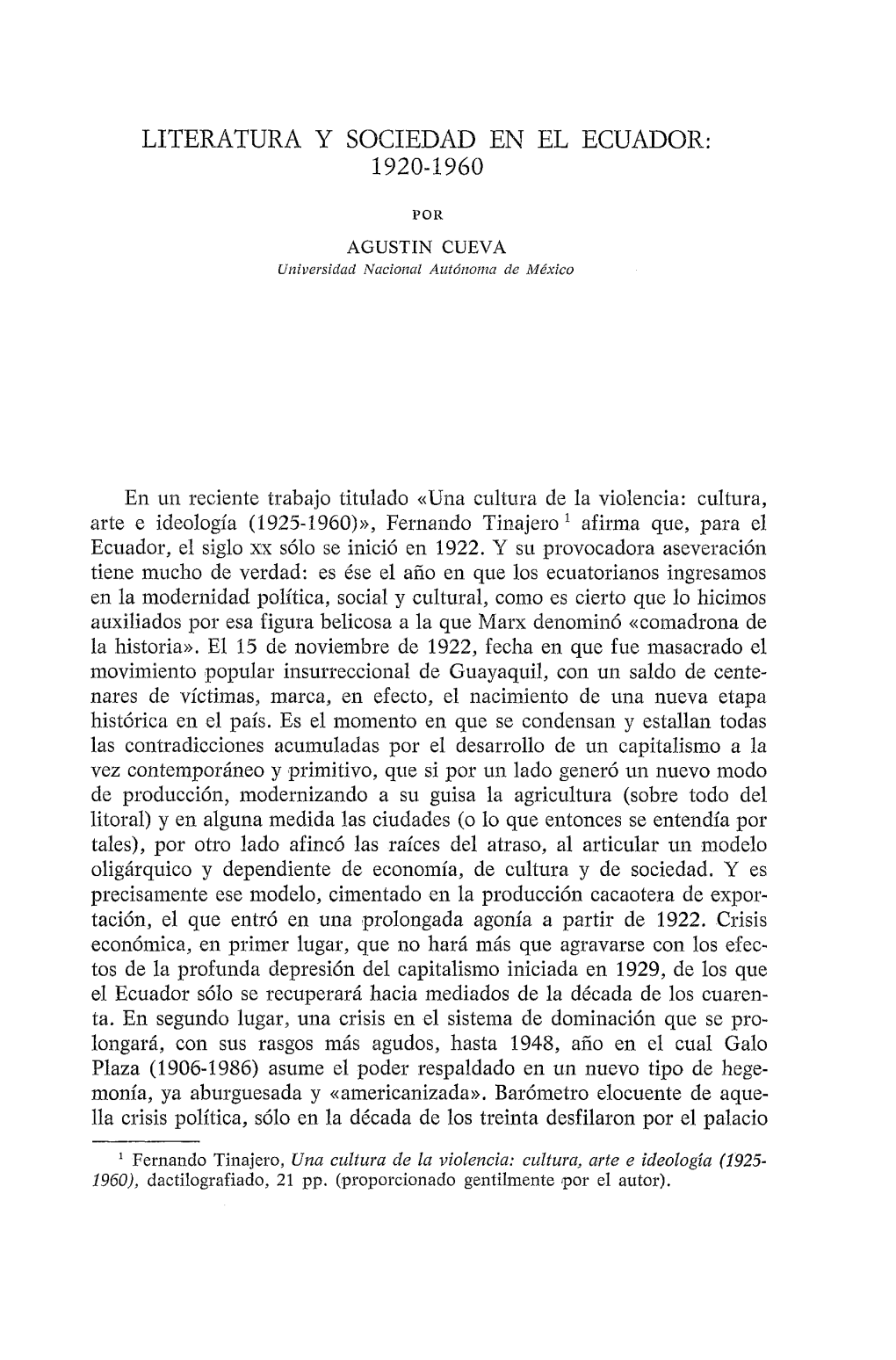 Literatura Y Sociedad En El Ecuador: 1920-1960