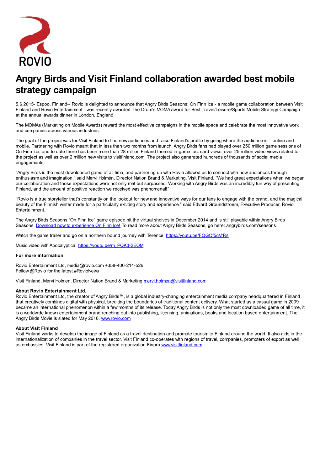 Angry Birds and Visit Finland Collaboration Awarded Best Mobile Strategy Campaign