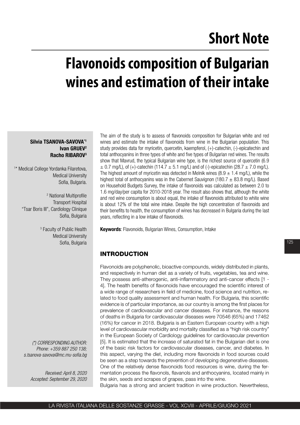 Flavonoids Composition of Bulgarian Wines and Estimation of Their Intake