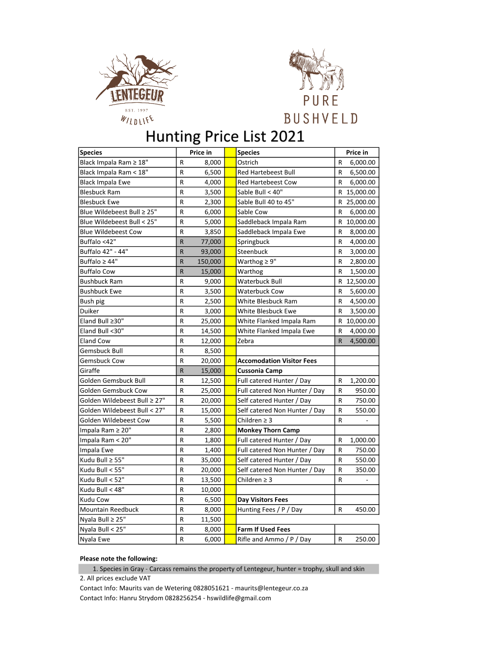 Hunting Price List 2021