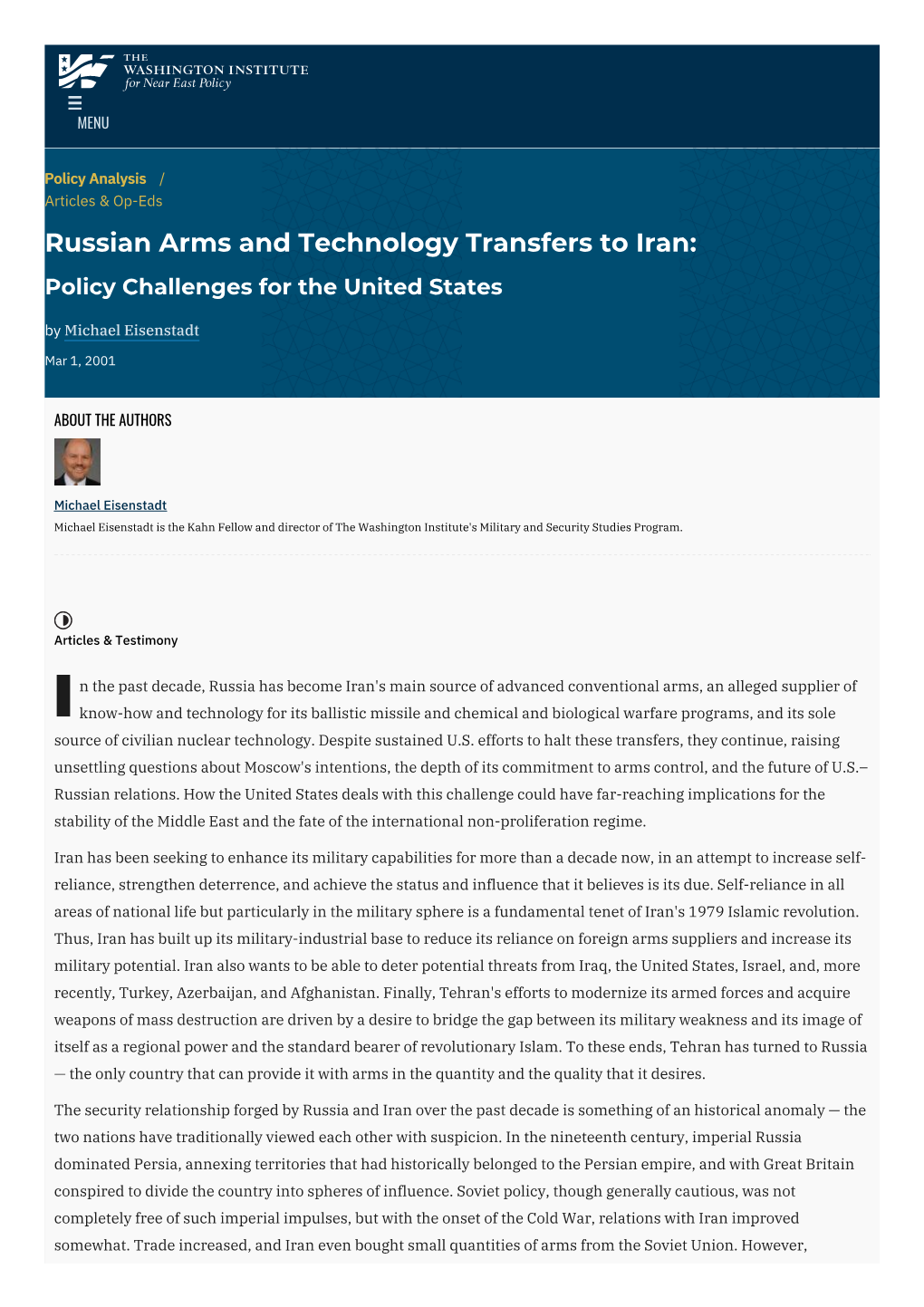 Russian Arms and Technology Transfers to Iran: Policy Challenges for the United States by Michael Eisenstadt