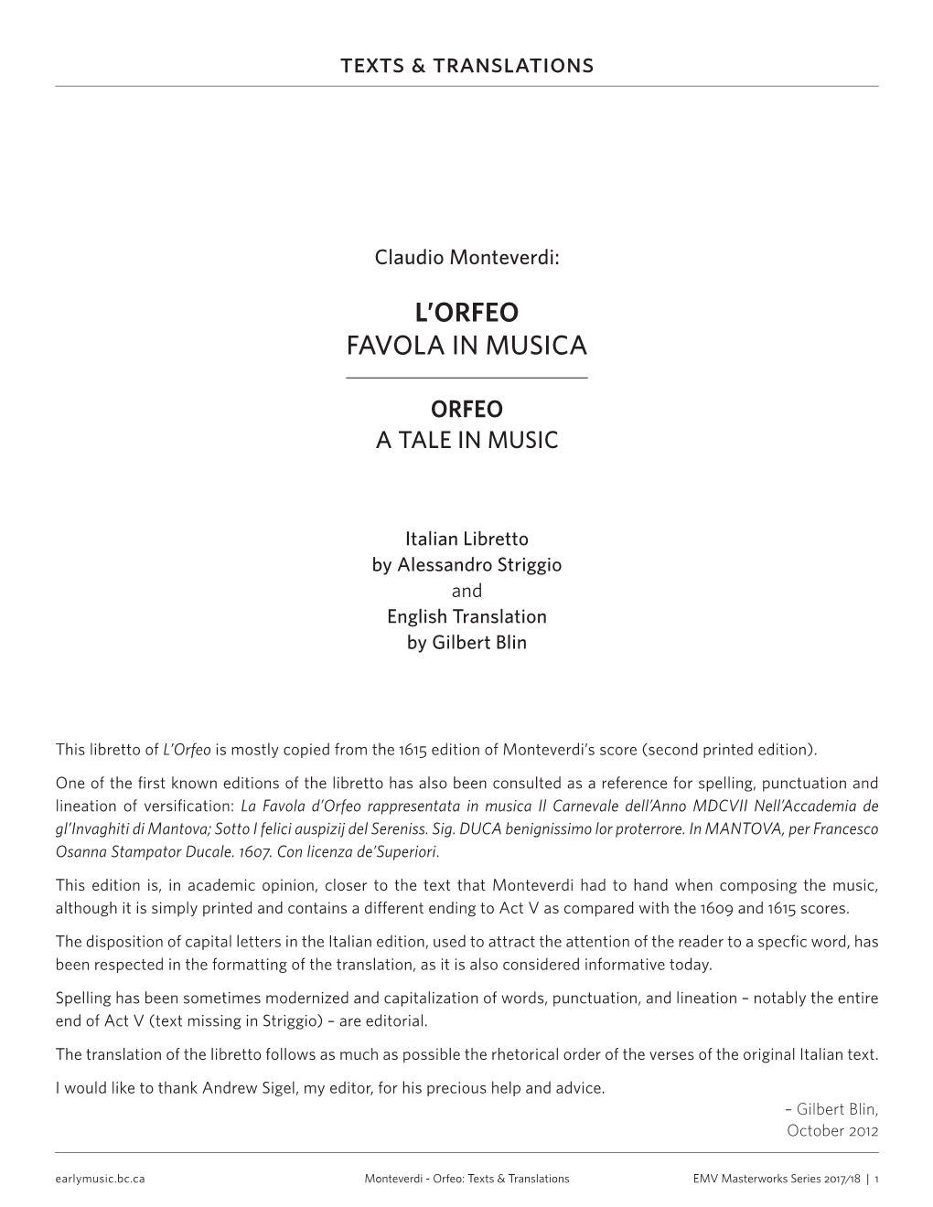 L'orfeo FAVOLA in MUSICA Texts & Translations