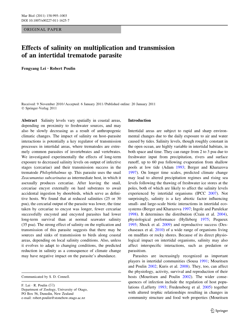 Effects of Salinity on Multiplication and Transmission of an Intertidal Trematode Parasite