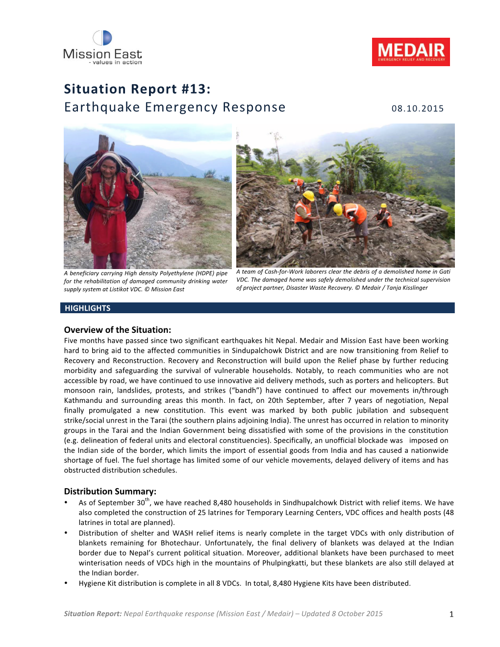 Situation Report #13: Earthquake Emergency Response 08.10.2015