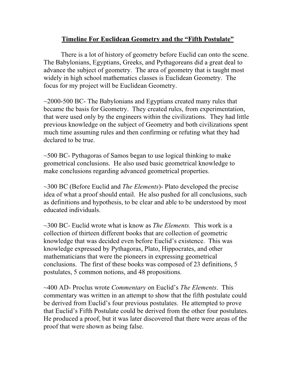 Timeline for Euclidean Geometry and the “Fifth Postulate”