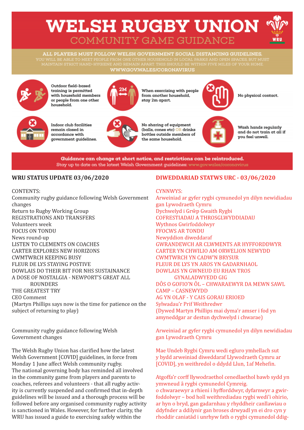 Wru Status Update 03/06/2020 Diweddariad Statws Urc - 03/06/2020