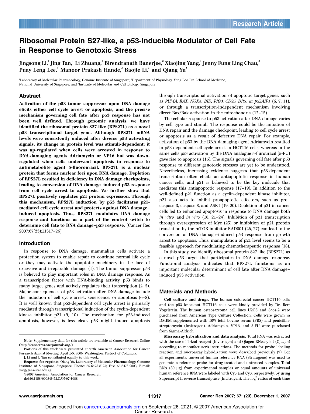 Ribosomal Protein S27-Like, a P53-Inducible Modulator of Cell Fate in Response to Genotoxic Stress