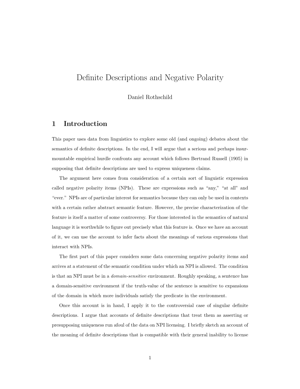 Definite Descriptions and Negative Polarity