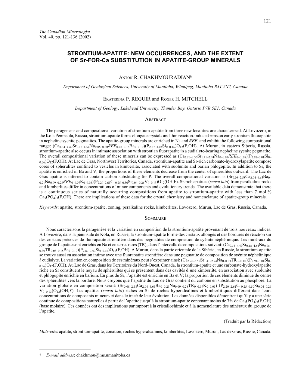 STRONTIUM-APATITE: NEW OCCURRENCES, and the EXTENT of Sr-FOR-Ca SUBSTITUTION in APATITE-GROUP MINERALS