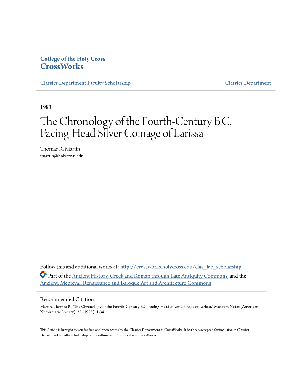 The Chronology of the Fourth-Century B.C. Facing-Head Silver Coinage of Larissa