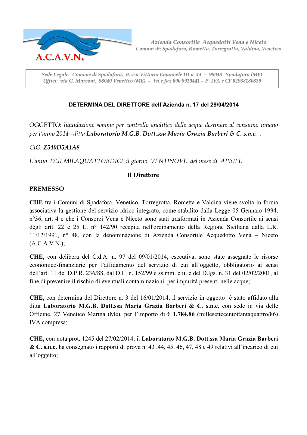 Determina Liquidazione Analisi Acque