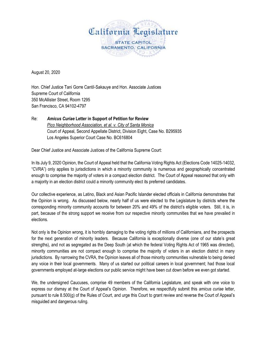 Amicus Curiae Letter in Support of Petition for Review Pico Neighborhood Association, Et Al