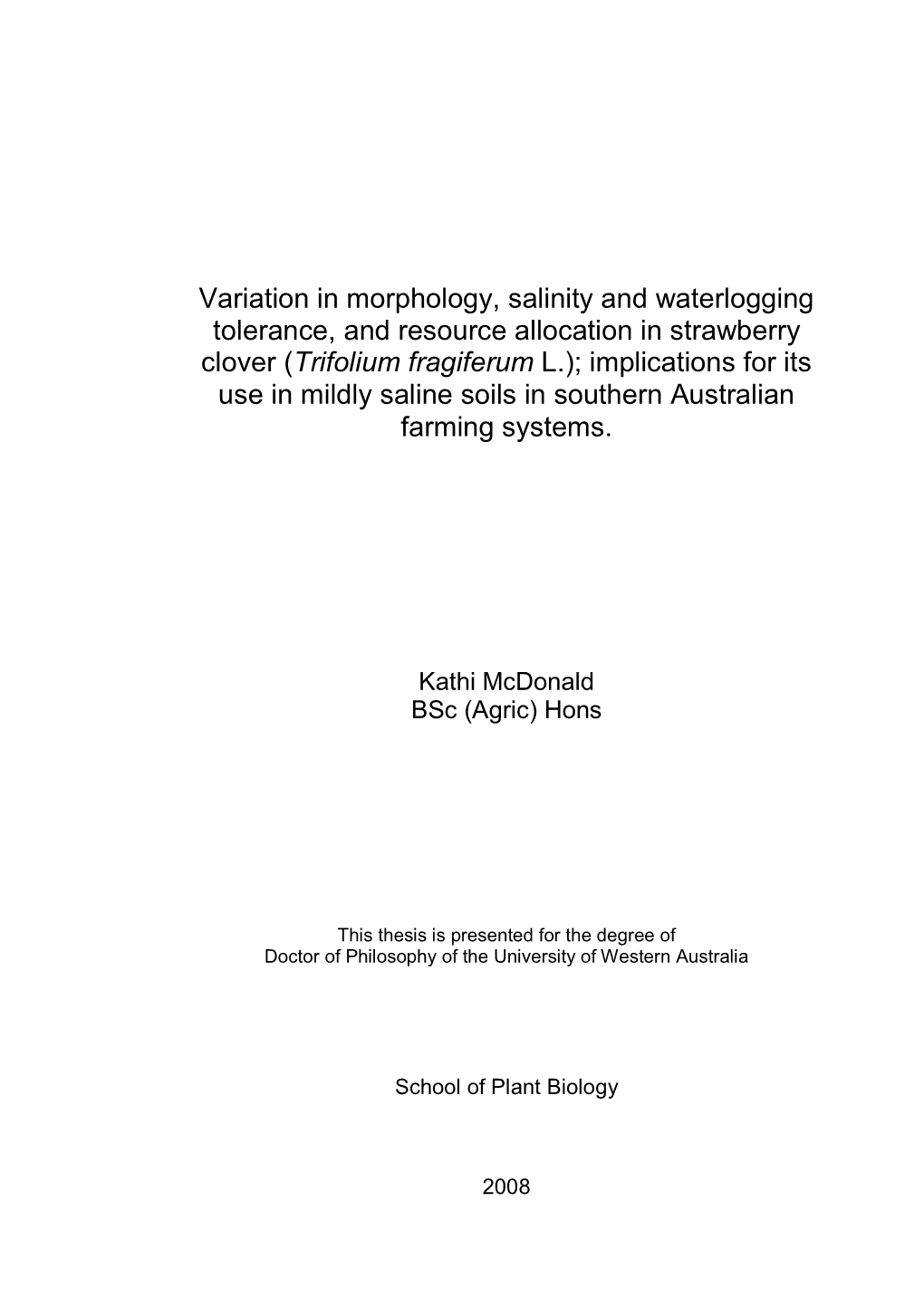 Trifolium Fragiferum L.); Implications for Its Use in Mildly Saline Soils in Southern Australian Farming Systems