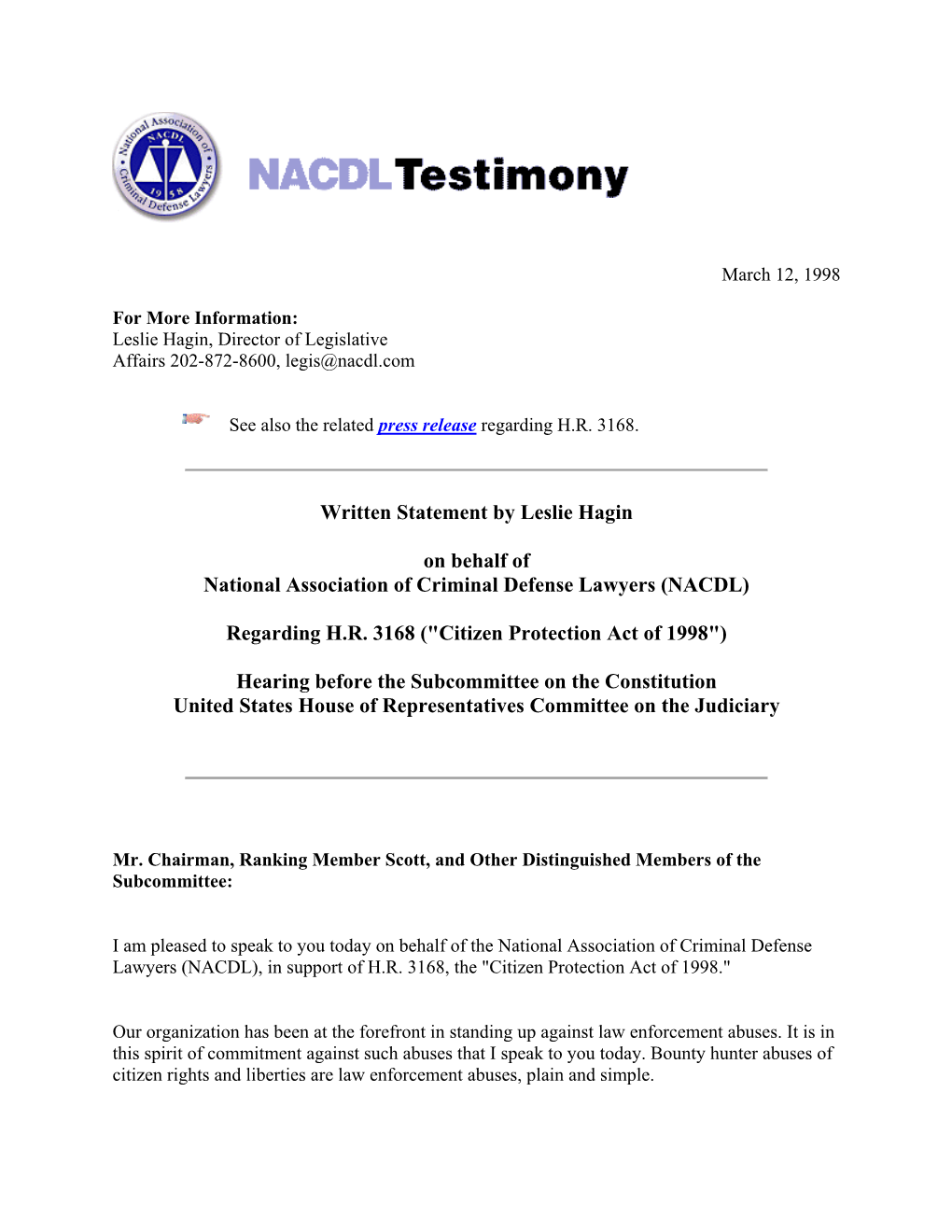 Hagin Statement to House Judiciary on the Constitution on Bounty