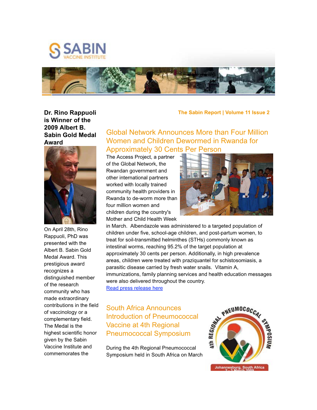 The Sabin Report | Volume 11 Issue 2 Is Winner of the 2009 Albert B