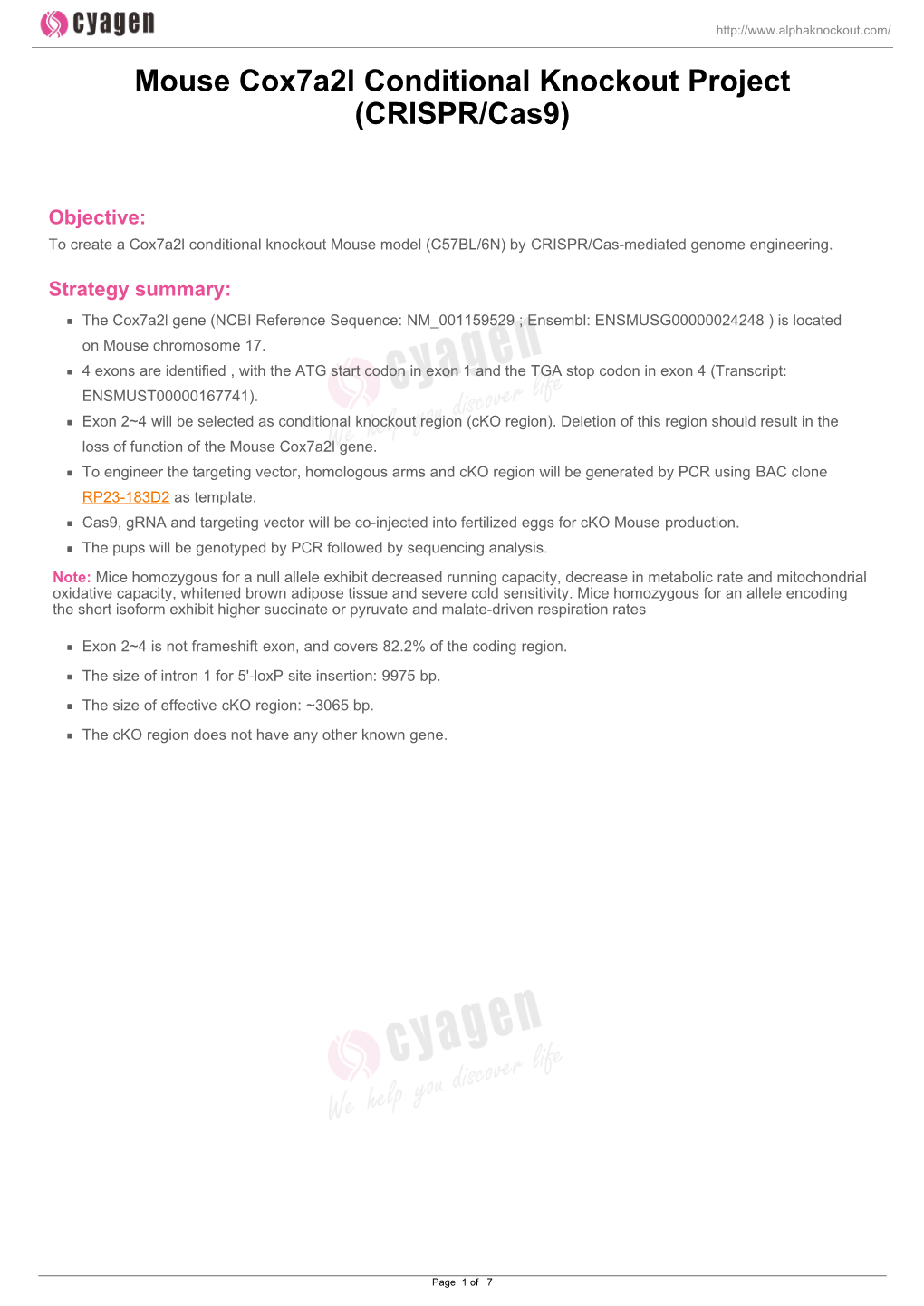 Mouse Cox7a2l Conditional Knockout Project (CRISPR/Cas9)