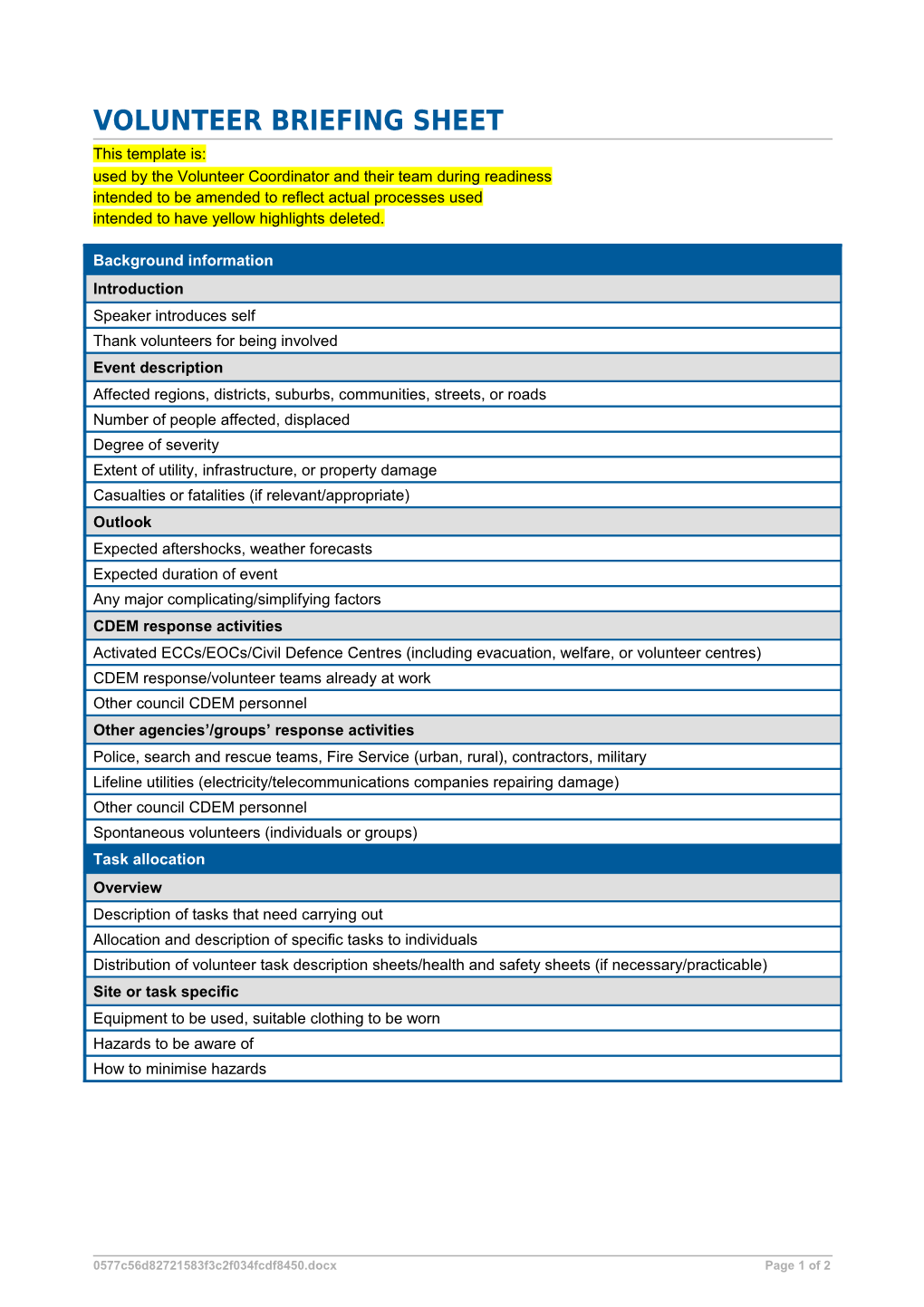 Volunteer Briefing Sheet