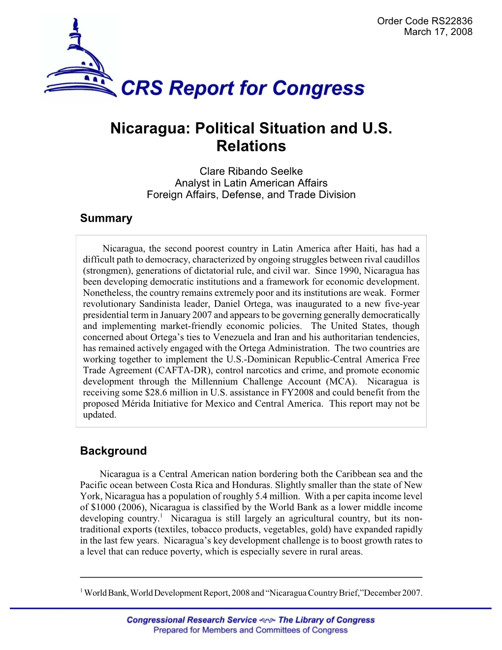 Nicaragua: Political Situation and U.S. Relations