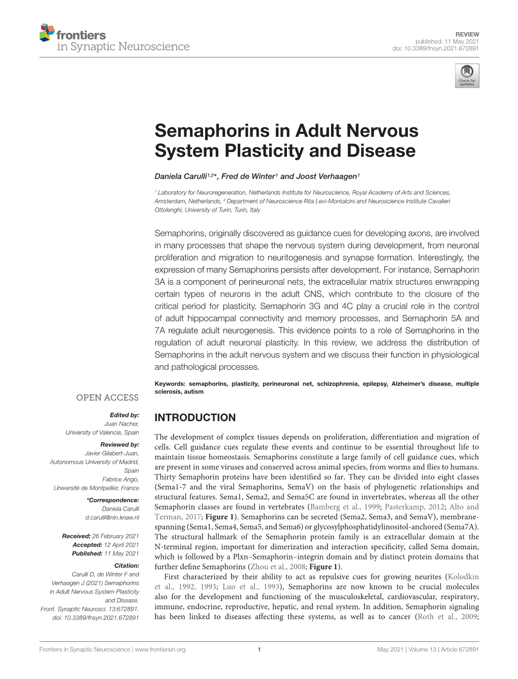 Semaphorins in Adult Nervous System Plasticity and Disease