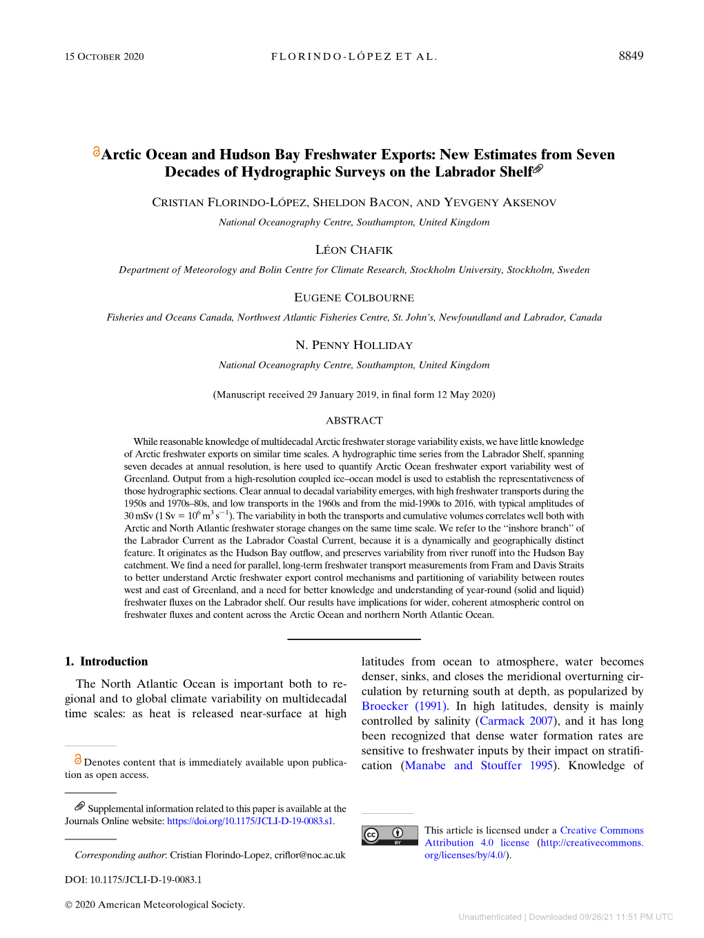 Arctic Ocean and Hudson Bay Freshwater Exports: New Estimates from Seven Decades of Hydrographic Surveys on the Labrador Shelf