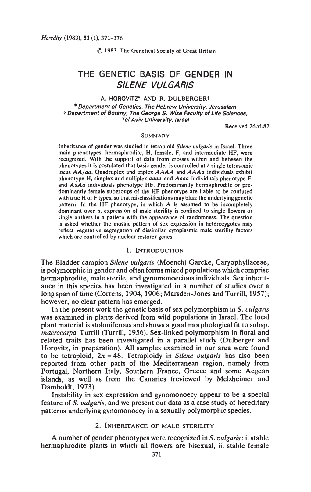 The Genetic Basis of Gender in Silene Vulgaris