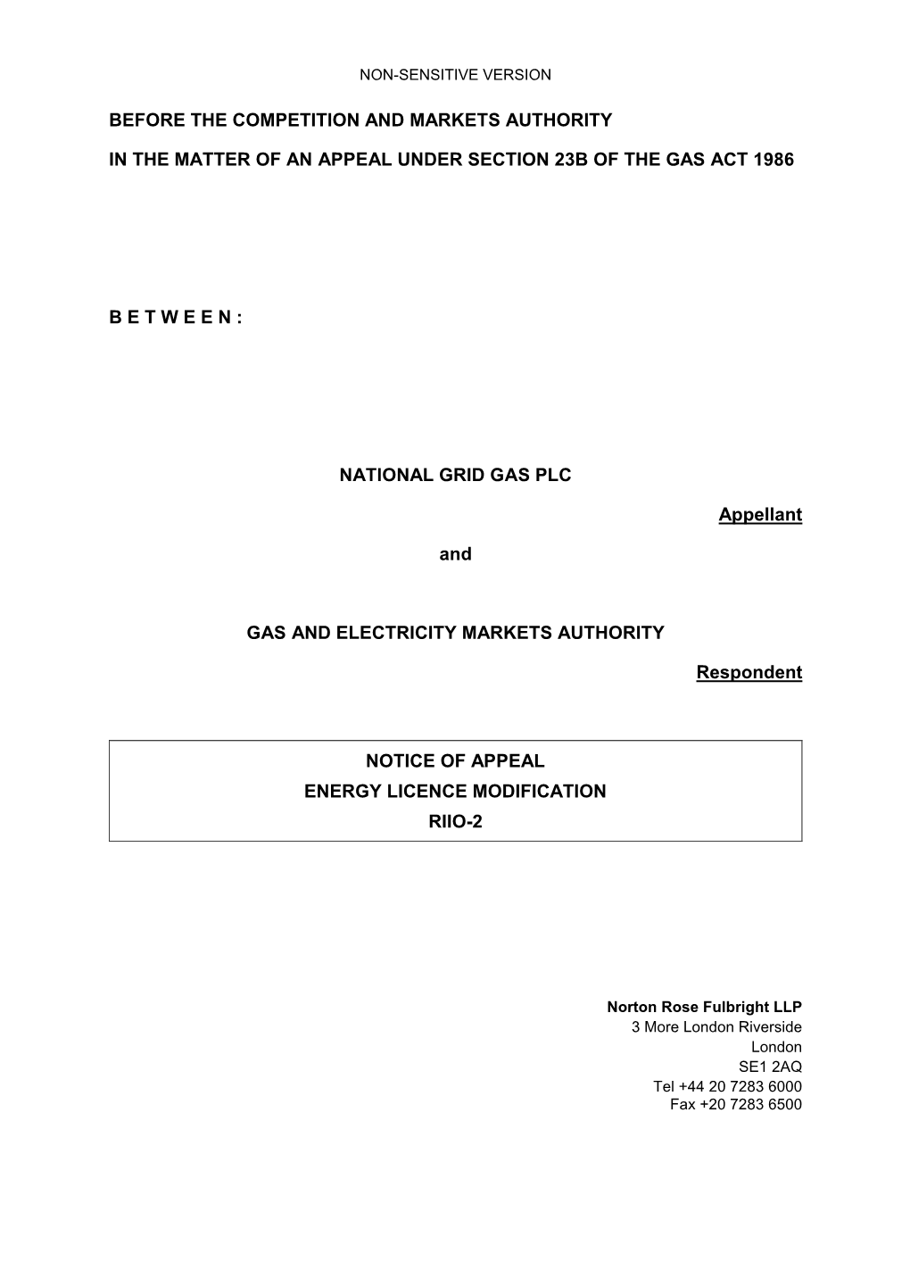 Notice of Appeal: National Grid