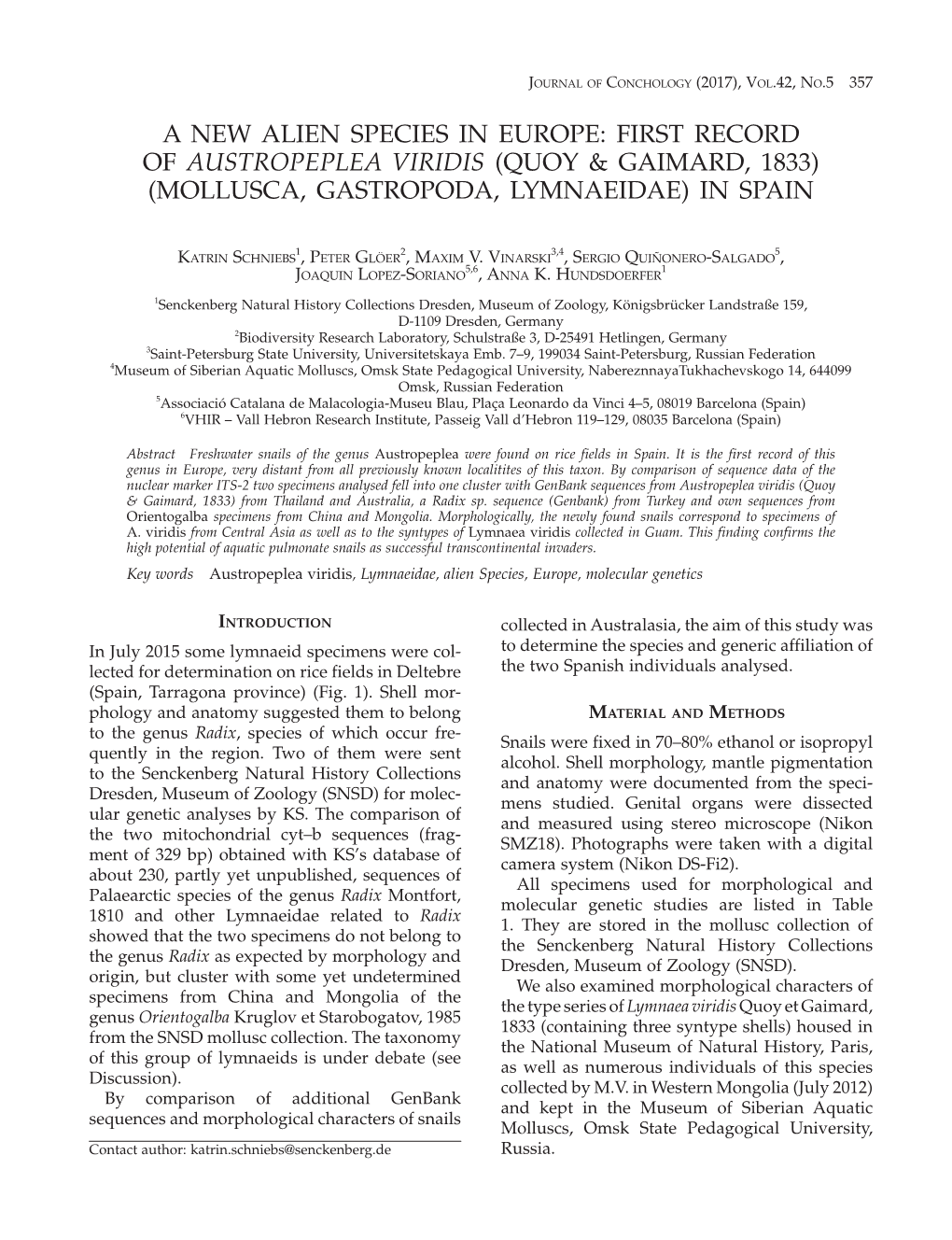 A New Alien Species in Europe: First Record of Austropeplea Viridis (Quoy & Gaimard, 1833) (Mollusca, Gastropoda, Lymnaeidae