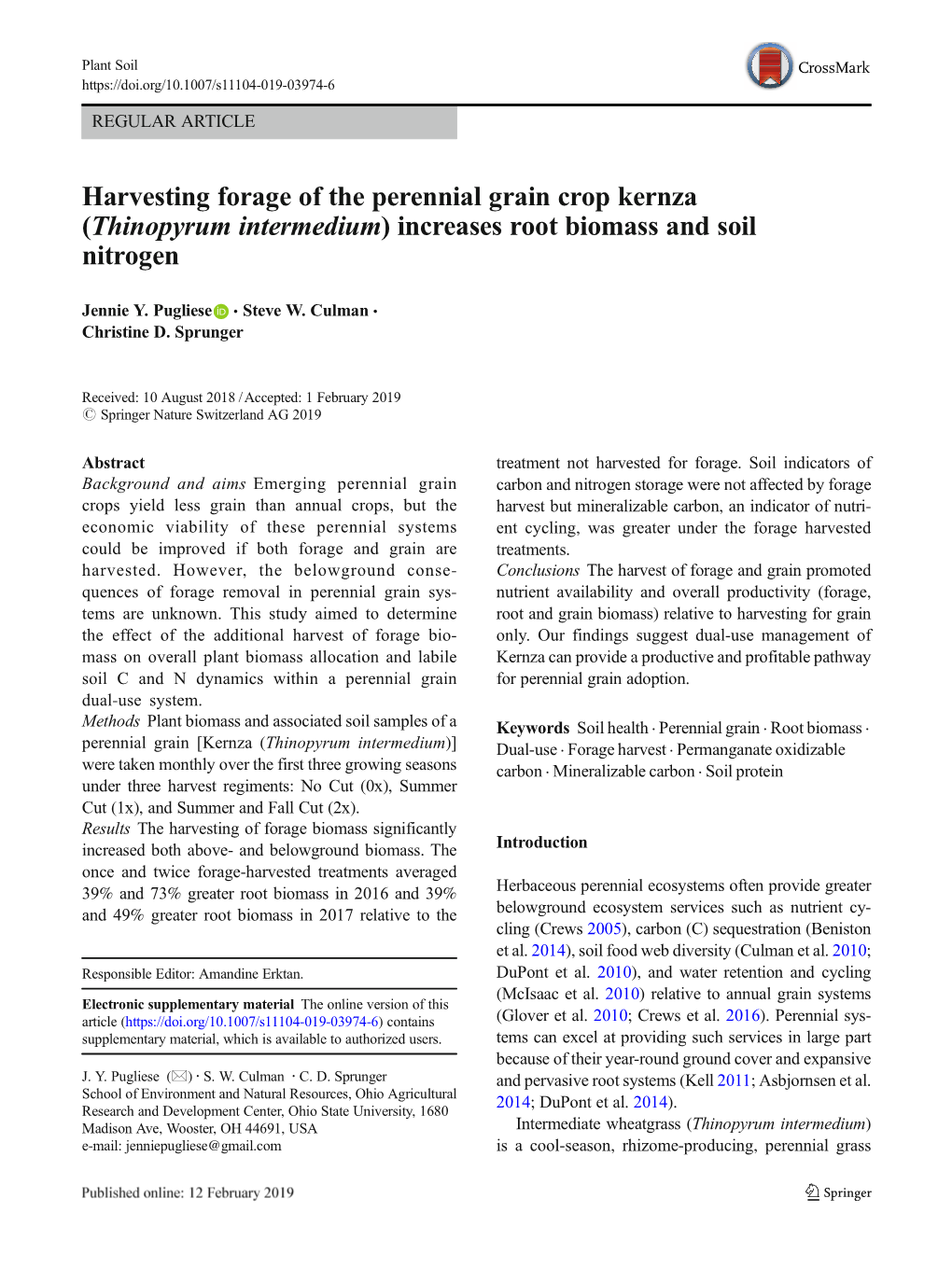 Harvesting Forage of the Perennial Grain Crop Kernza (Thinopyrum Intermedium) Increases Root Biomass and Soil Nitrogen