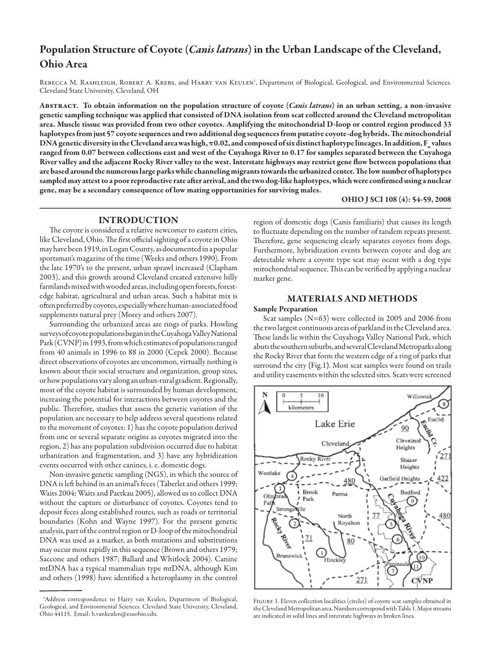 Population Structure of Coyote (Canis Latrans) in the Urban Landscape of the Cleveland, Ohio Area