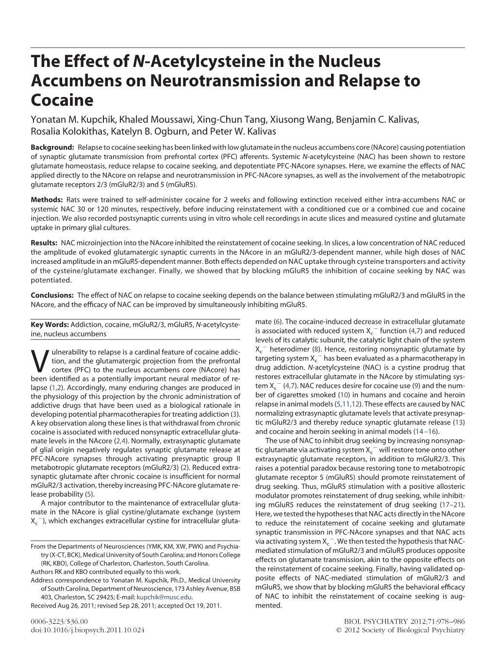 The Effect of N-Acetylcysteine in the Nucleus Accumbens on Neurotransmission and Relapse to Cocaine Yonatan M