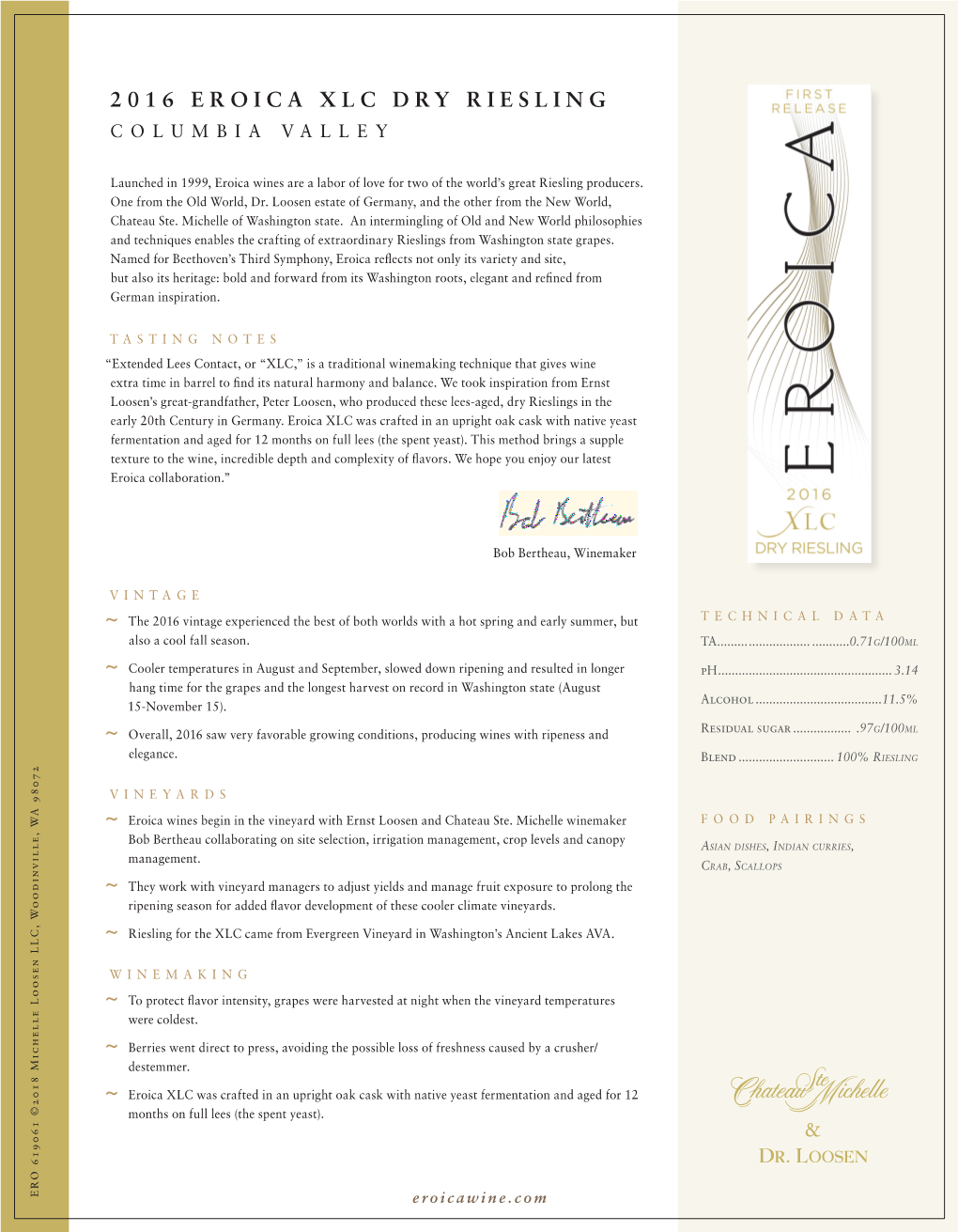 2016 Eroica Xlc Dry Riesling Columbia Valley