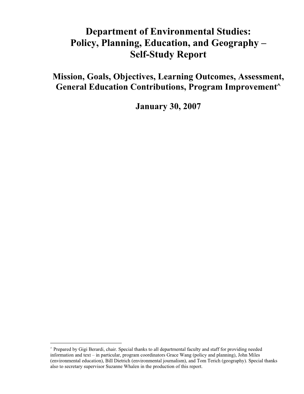 Department of Environmental Studies: Policy, Planning, Education, and Geography – Self-Study Report