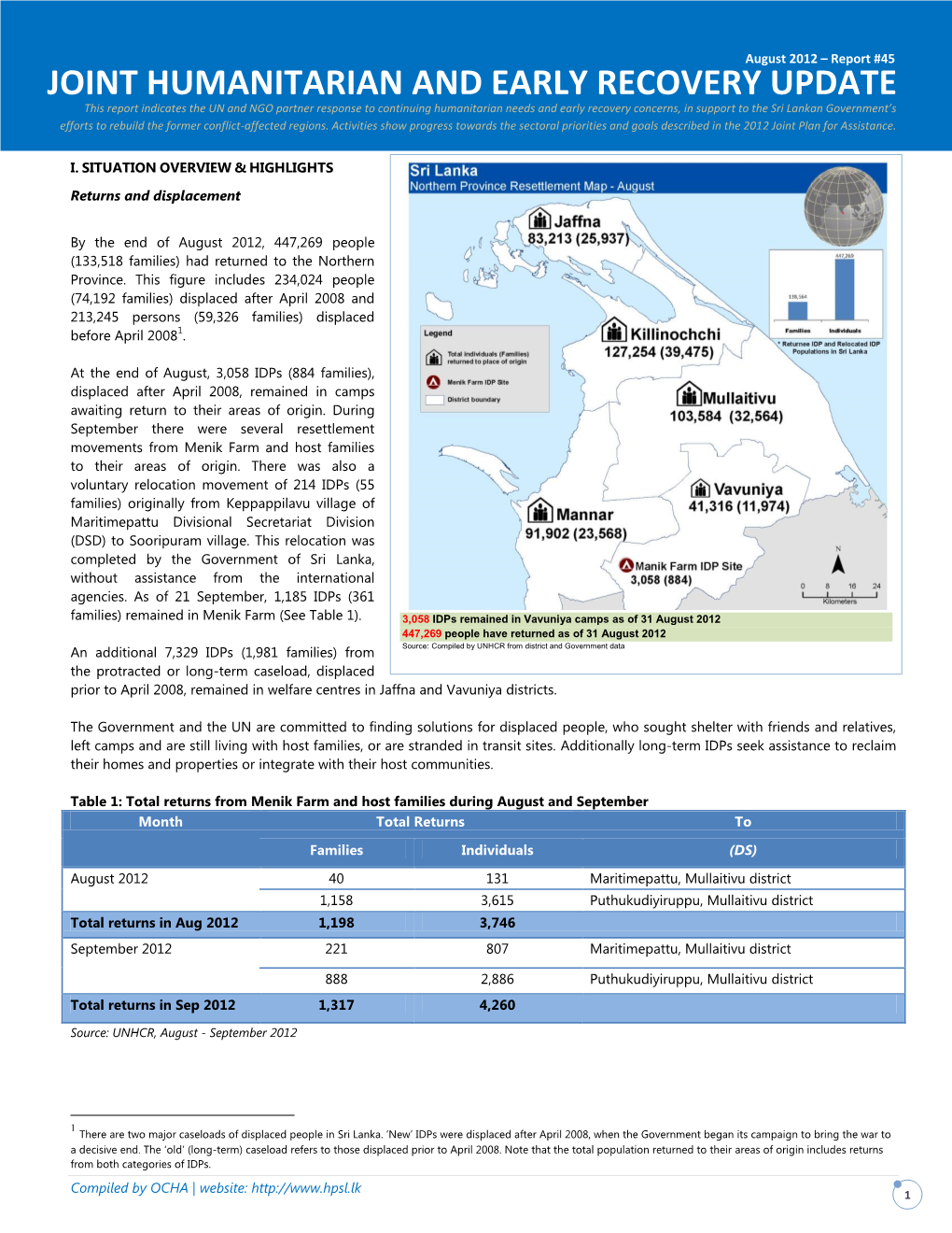 JOINT HUMANITARIAN and EARLY RECOVERY UPDATE August 2012 – Report #45