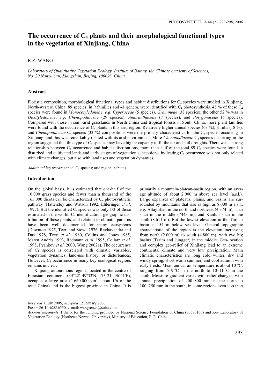 The Occurrence of C4 Plants and Their Morphological Functional Types in the Vegetation of Xinjiang, China