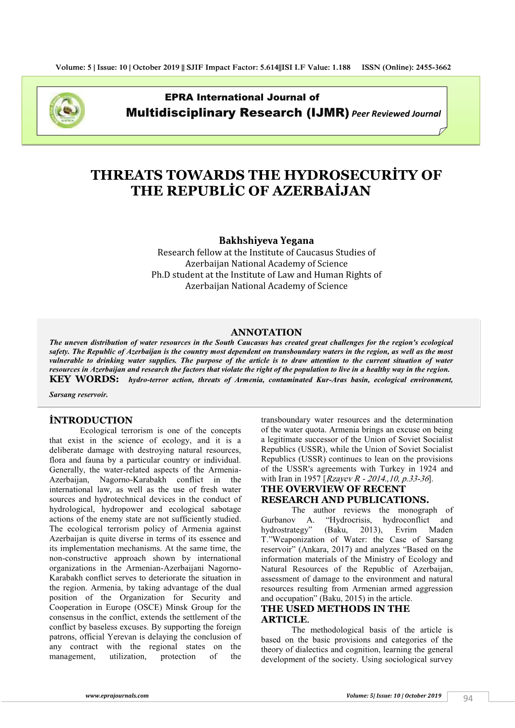 Threats Towards the Hydrosecurity of the Republic of Azerbaijan