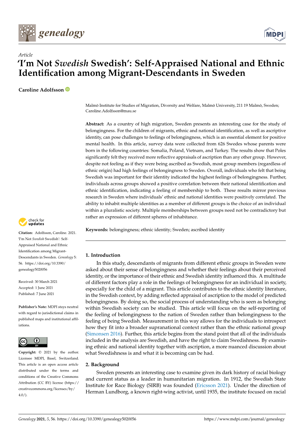 'I'm Not Swedish Swedish': Self-Appraised National and Ethnic