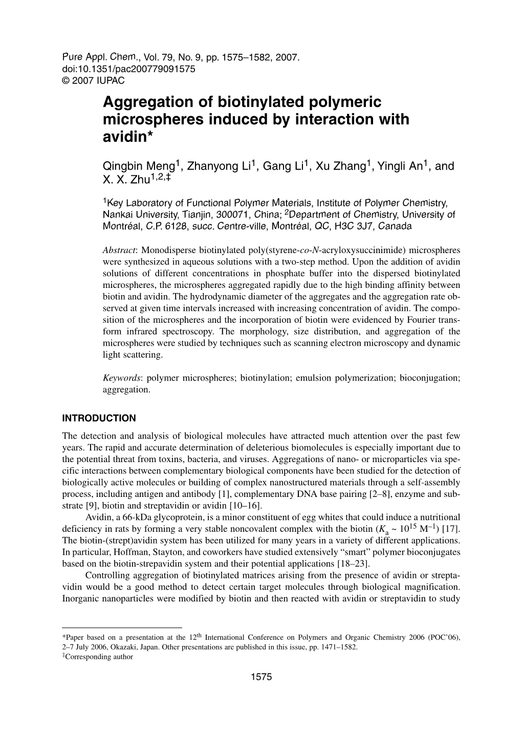 Aggregation of Biotinylated Polymeric Microspheres Induced by Interaction with Avidin*