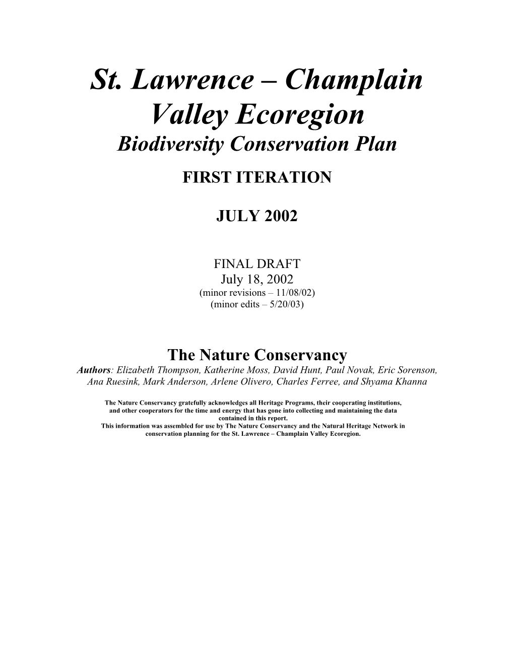 St. Lawrence – Champlain Valley Ecoregion Biodiversity Conservation Plan