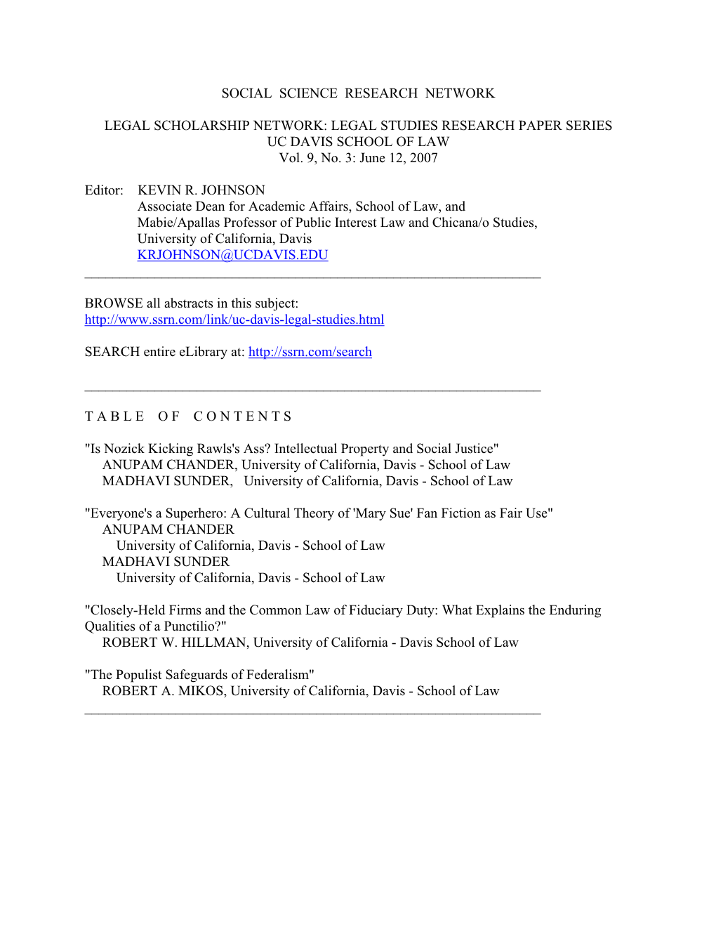 LEGAL STUDIES RESEARCH PAPER SERIES UC DAVIS SCHOOL of LAW Vol