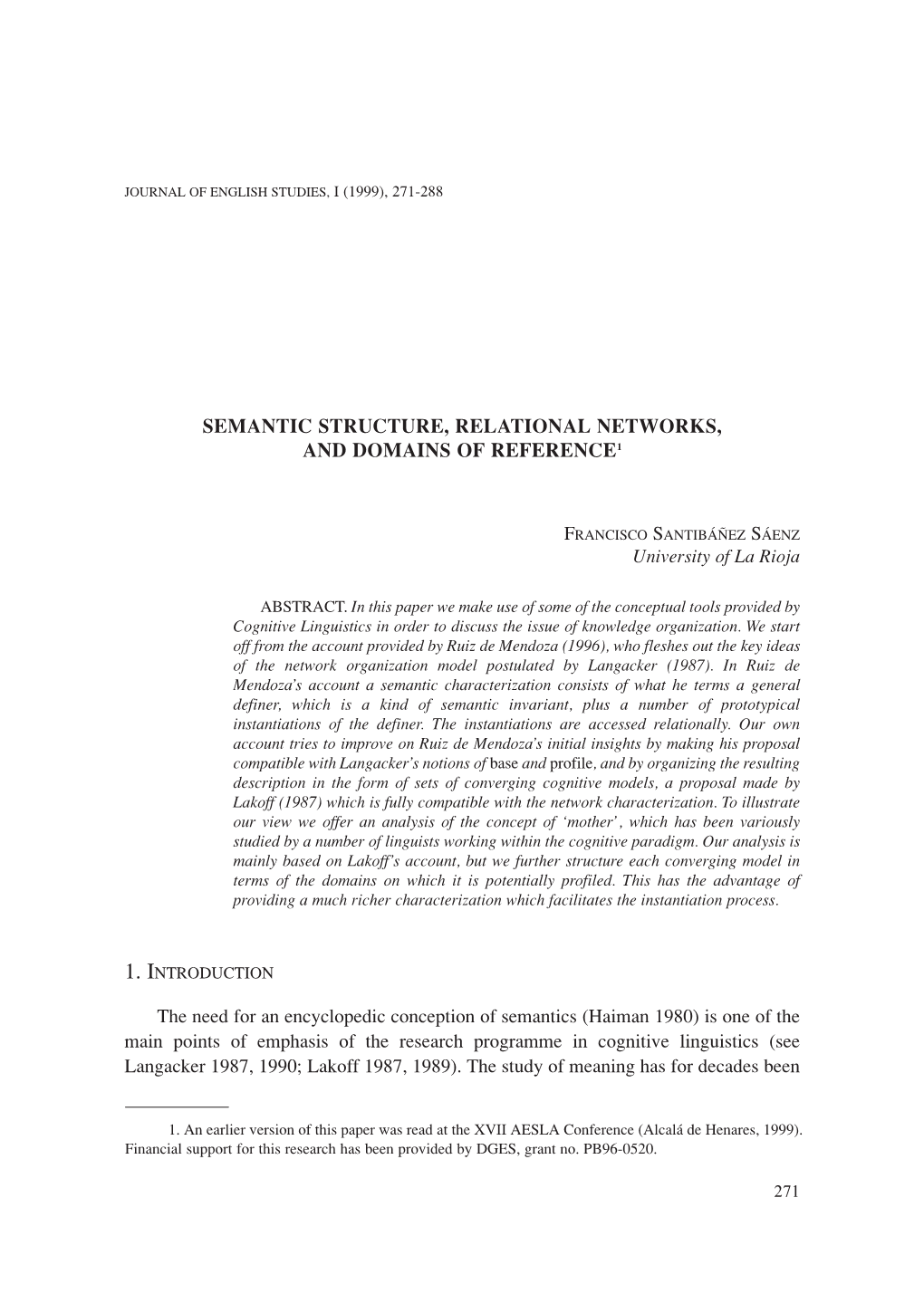 Semantic Structure, Relational Networks, and Domains of Reference1