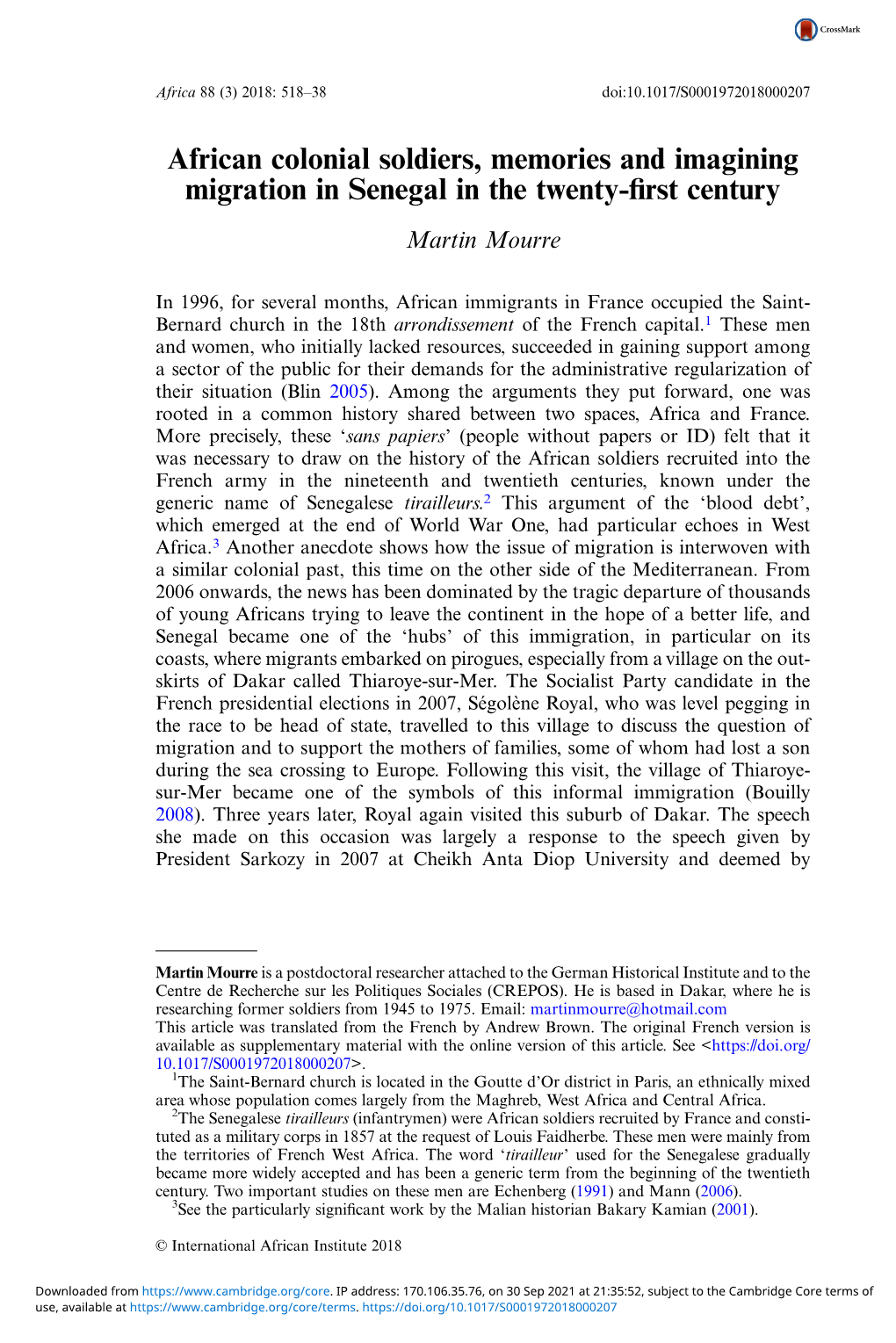 African Colonial Soldiers, Memories and Imagining Migration in Senegal in the Twenty-ﬁrst Century Martin Mourre