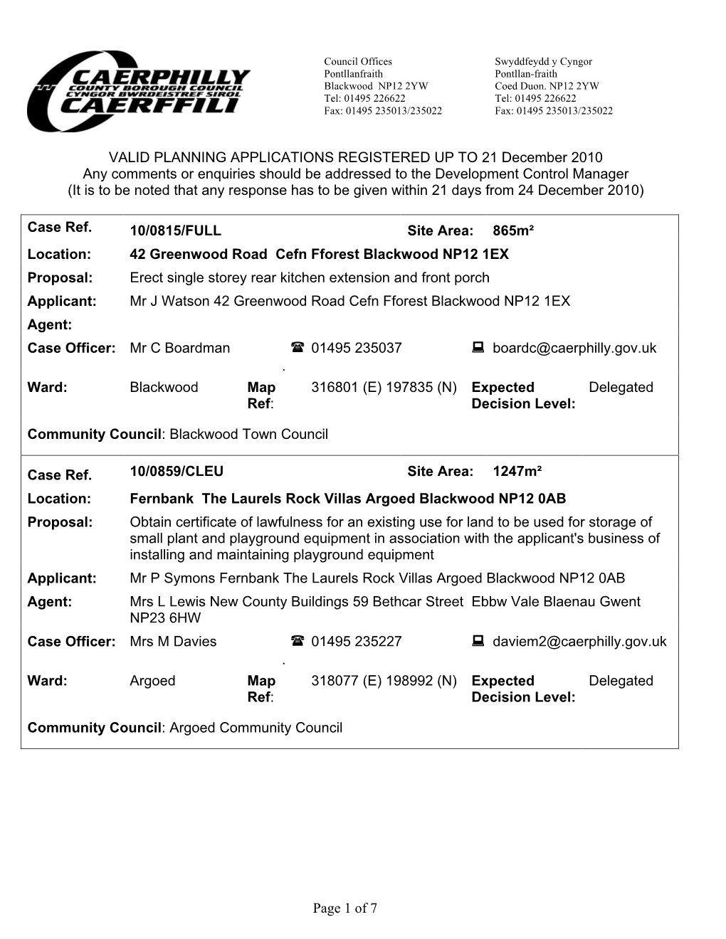 Page 1 of 7 VALID PLANNING APPLICATIONS REGISTERED UP