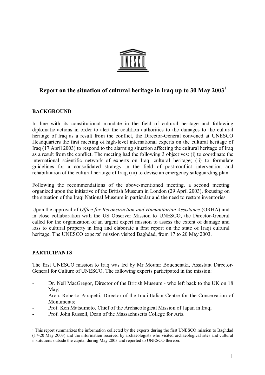 Report on the Situation of Cultural Heritage in Iraq up to 30 May 20031