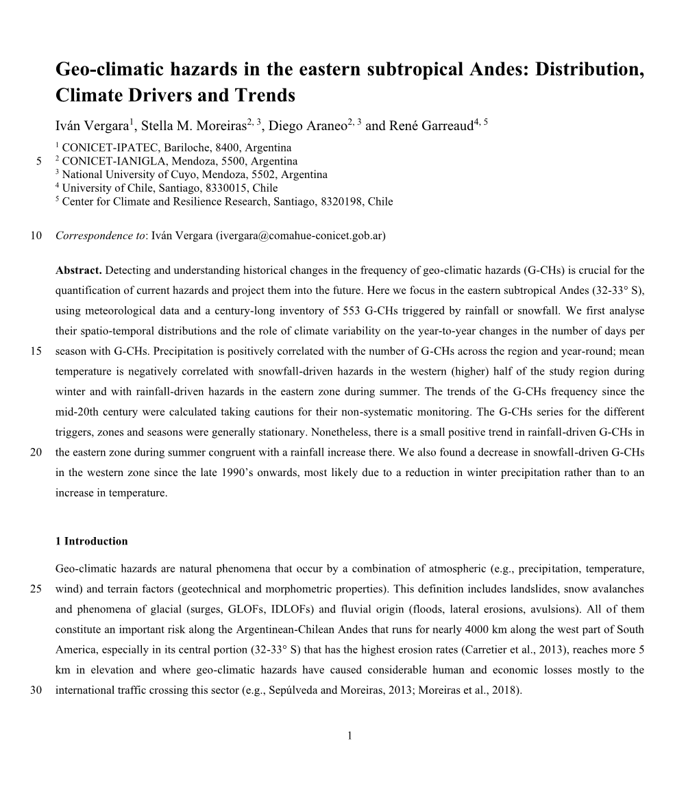 Geo-Climatic Hazards in the Eastern Subtropical Andes: Distribution, Climate Drivers and Trends Iván Vergara1, Stella M