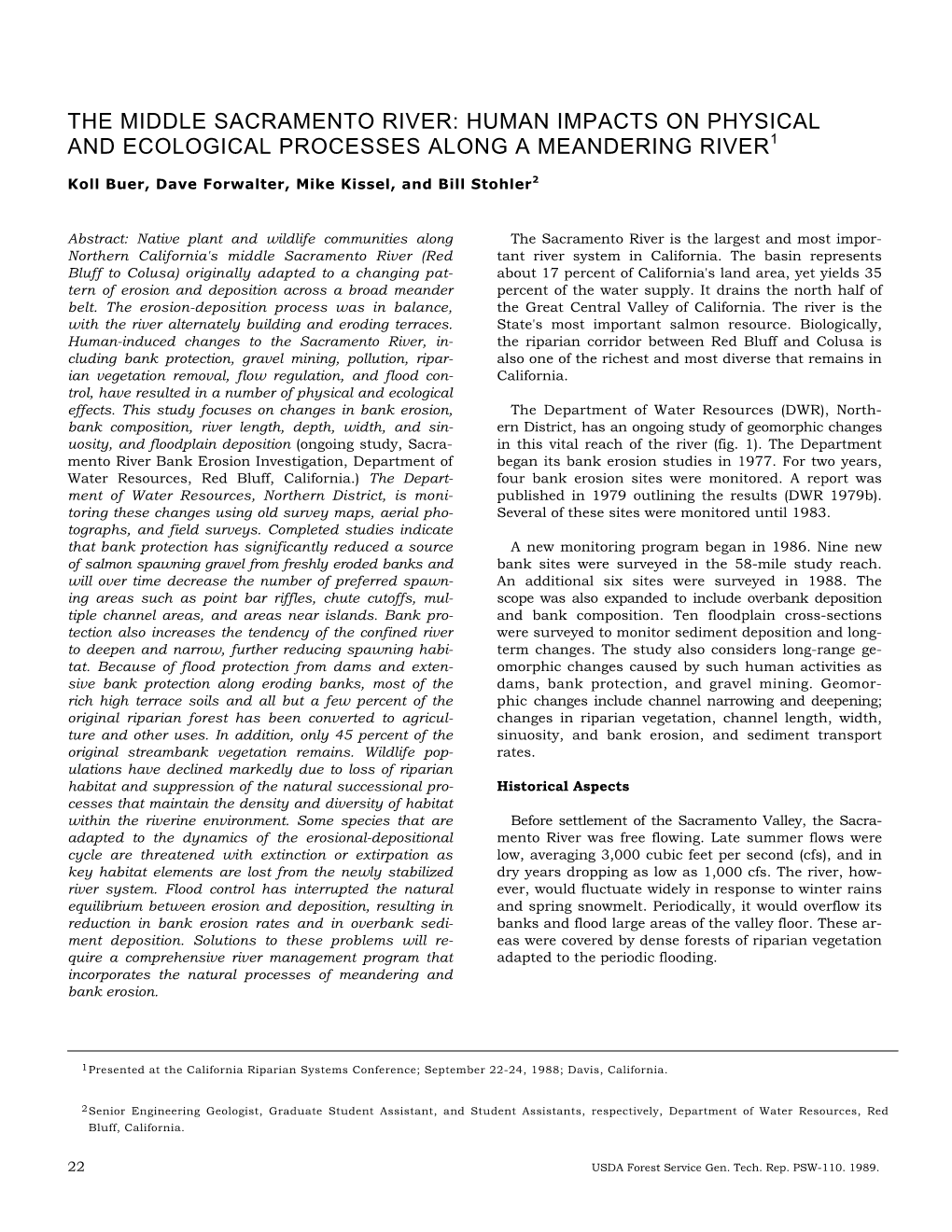 The Middle Sacramento River: Human Impacts on Physical and Ecological Processes Along a Meandering River1