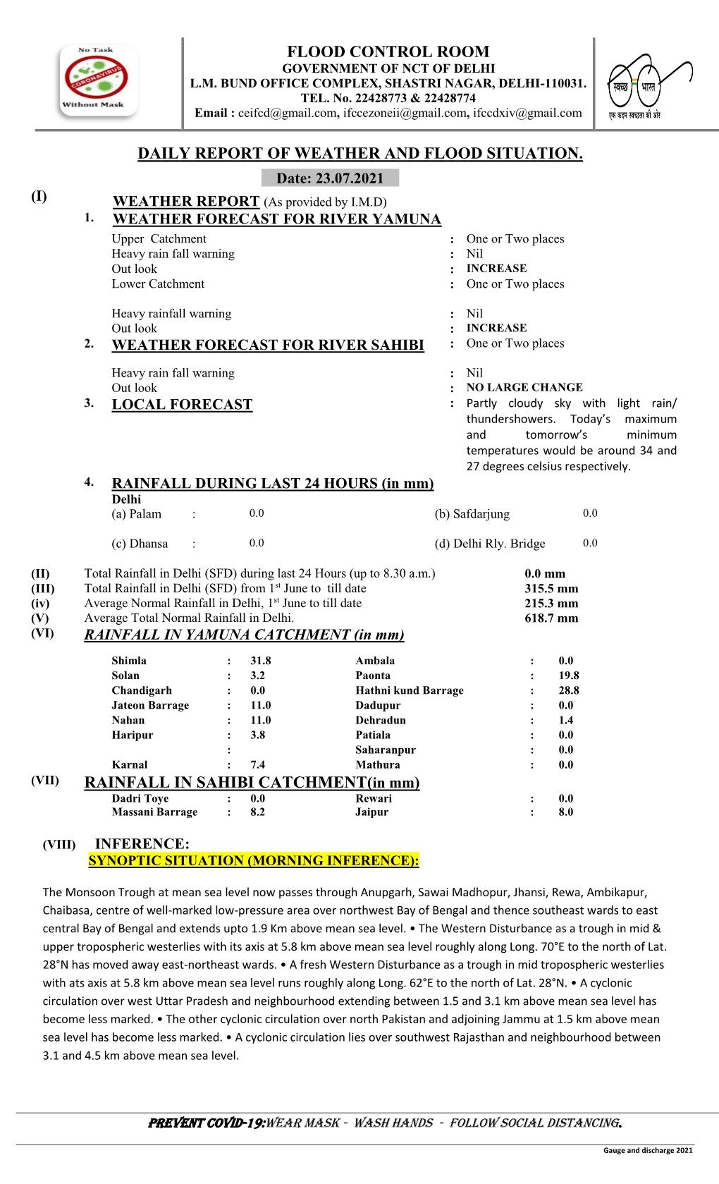 Daily Report of Weather and Flood Situation. Rainfall In