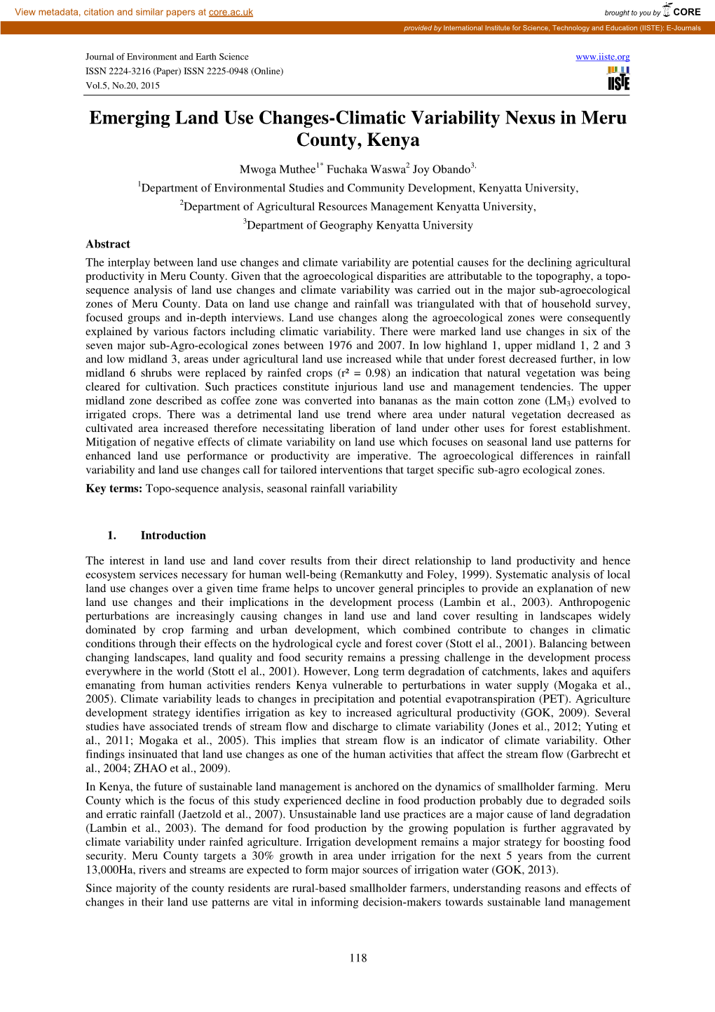 Emerging Land Use Changes-Climatic Variability Nexus in Meru County, Kenya