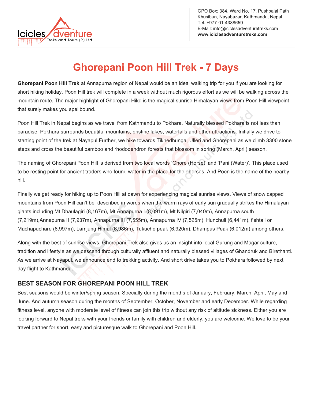Ghorepani Poon Hill Trek - 7 Days