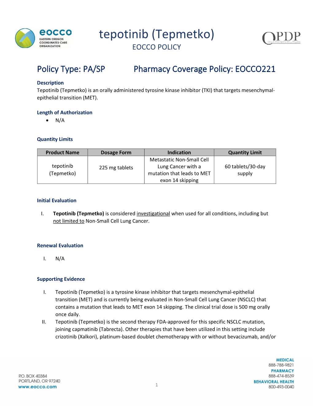 Tepotinib (Tepmetko) EOCCO POLICY